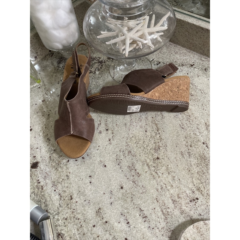 Clarks Collection Marron Brown Suede Strappy Cork Wedge Sandals Womens 8
